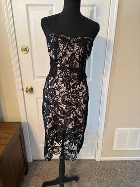 Olivaceous Strapless Black Lace Dress with Nude Slip